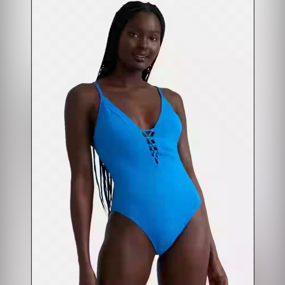 NEW Jessica Simpson Ladies Lace-Up Lake Blue One-Piece Tank Swimsuit  XL NWT